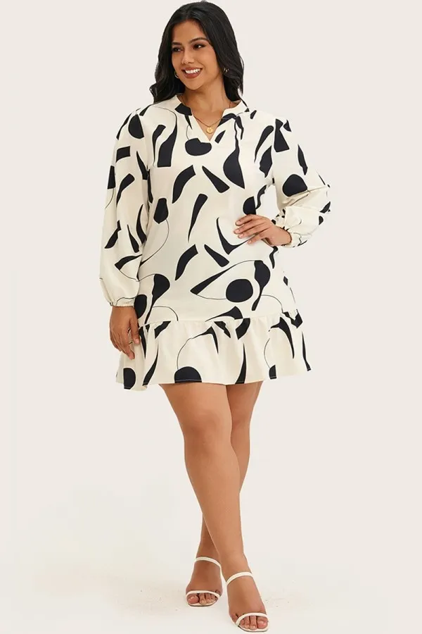 Floral Print Long Sleeve V-Neck A-Line Midi Dress