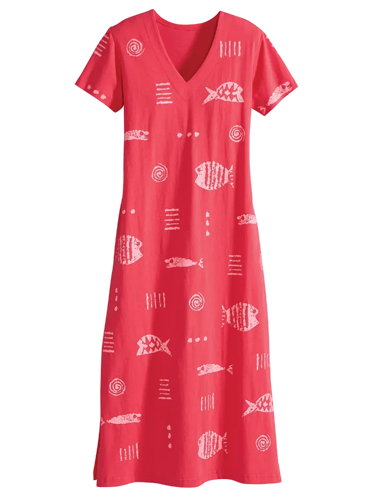 M.MAC Rock Fish Ankle-Length Cotton Knit V-Neck Dress