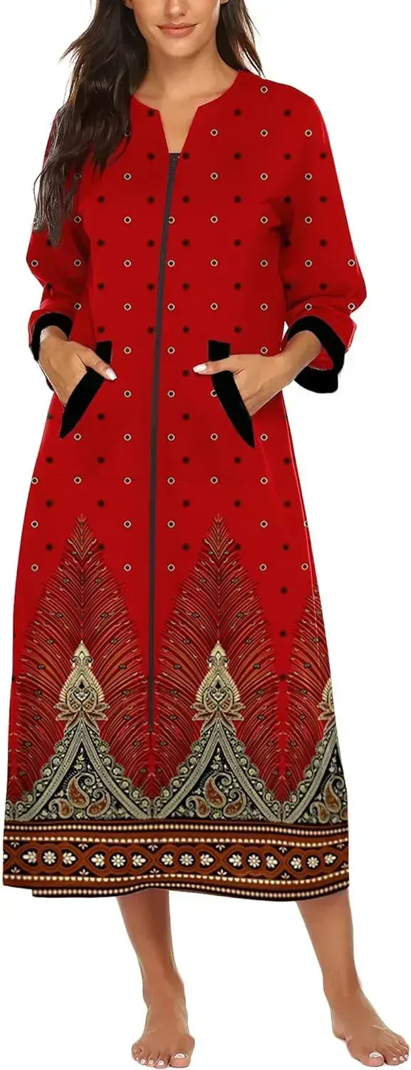 Women Zipper Robe 3/4 Sleeves Loungewear Dress Full Length Sleepwear Pockets Housecoat Nightgown Long Bathrobe