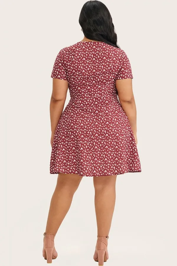 Floral Print A-Line Short Sleeve Midi Dress