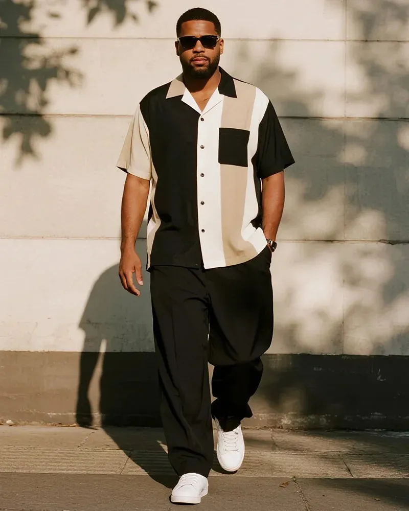 Big & Tall Men's Business Contrast Colorblock Short Sleeve Shirt and Pants Suit