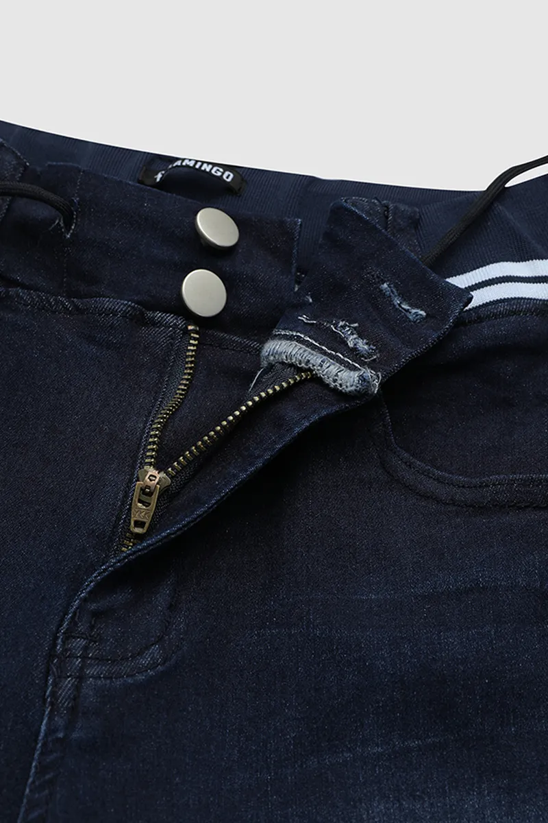 Wash Contrast Binding Double Button Drawstring Mid Waist Capri Jeans
