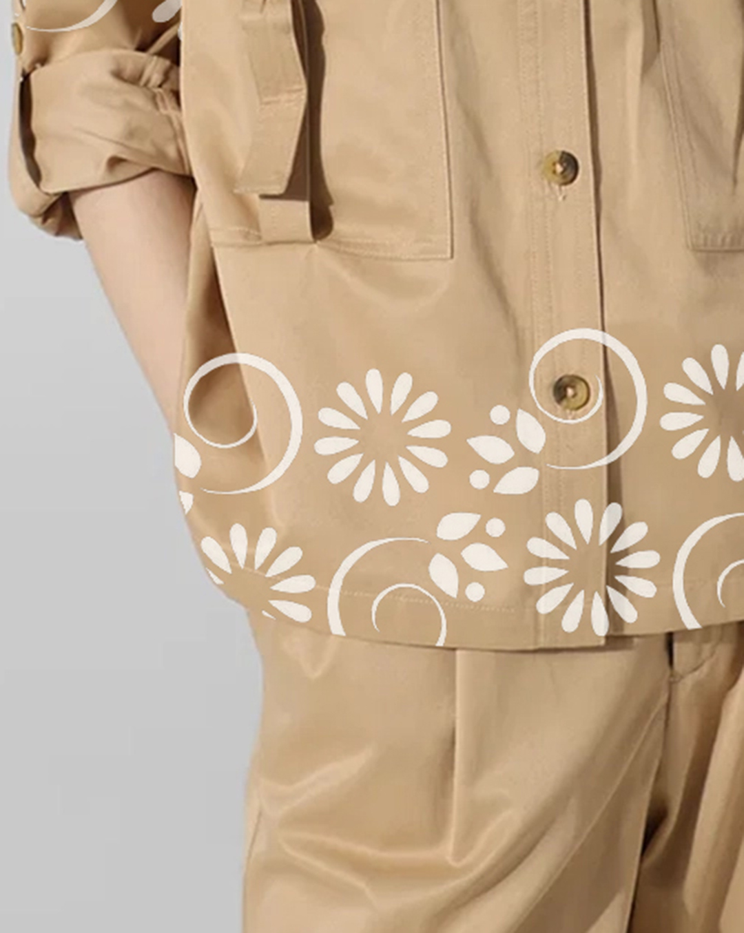 Tan Embroidered Pocket Utility Style Shirt