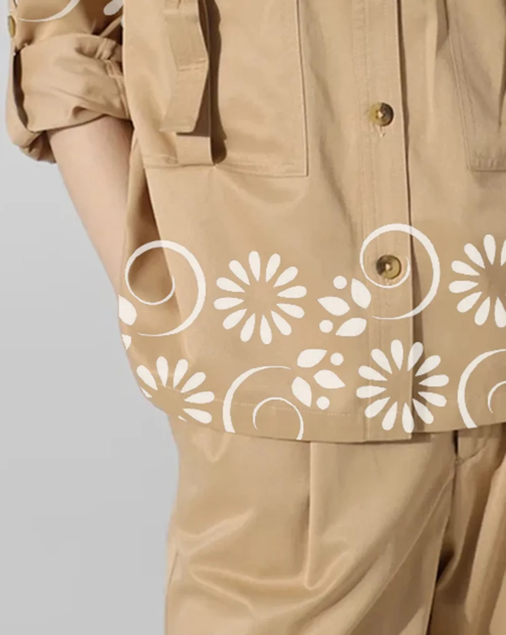 Tan Embroidered Pocket Utility Style Shirt