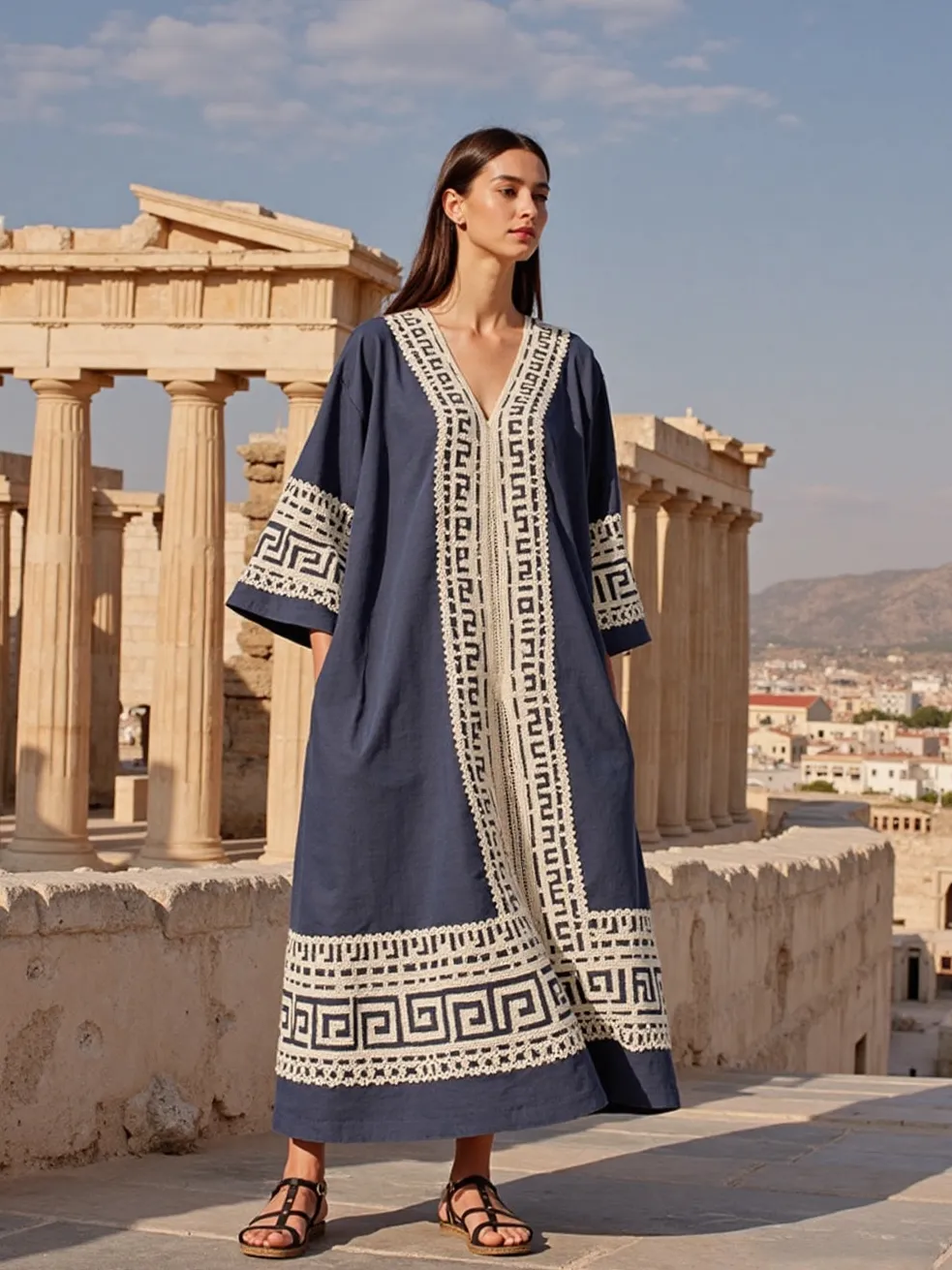 Lace Greek Key V Neck Loose Linen Blend Midi Dress