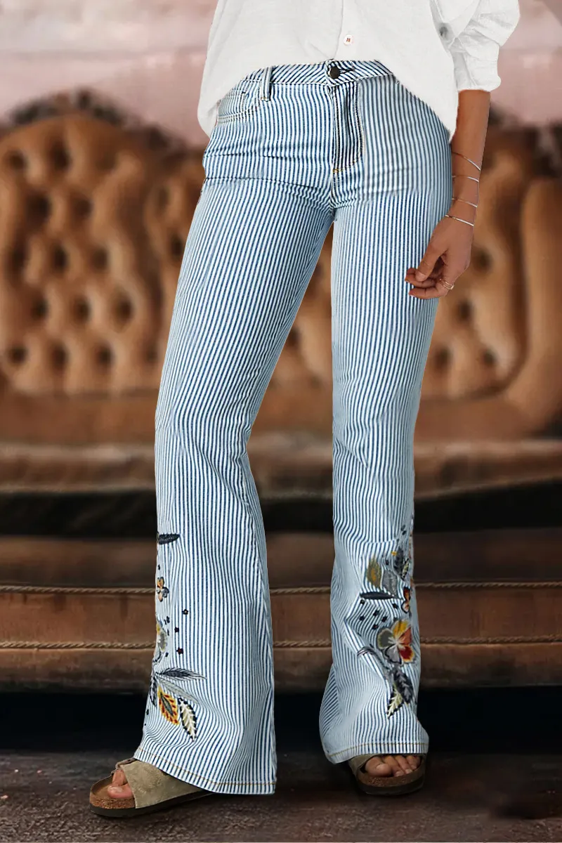 Striped Pattern Embroidered Low Waist Bootcut Jeans