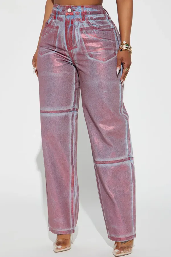Rosa Non Stretch Straight Leg Metallic Jean - Red