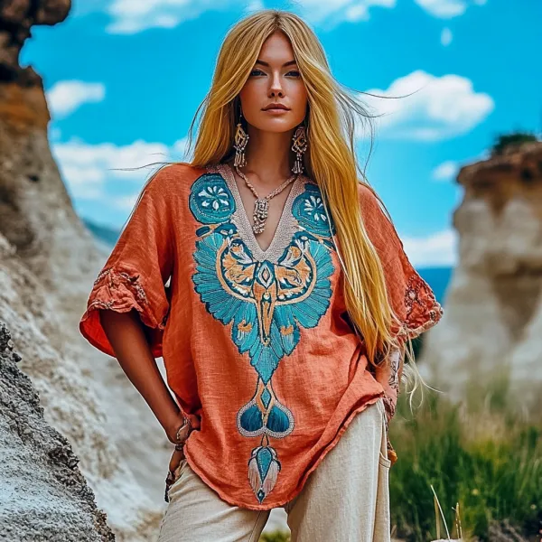 Vintage Tribal Sheep Head Embroidery Art V-neck Linen T-shirt