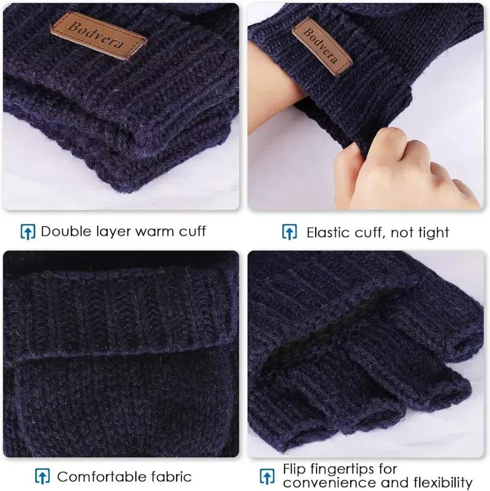 Bodvera Thermal Insulation Fingerless Texting Wool Gloves for Women and Men Winter Warm Knitted Convertible Mittens Flap