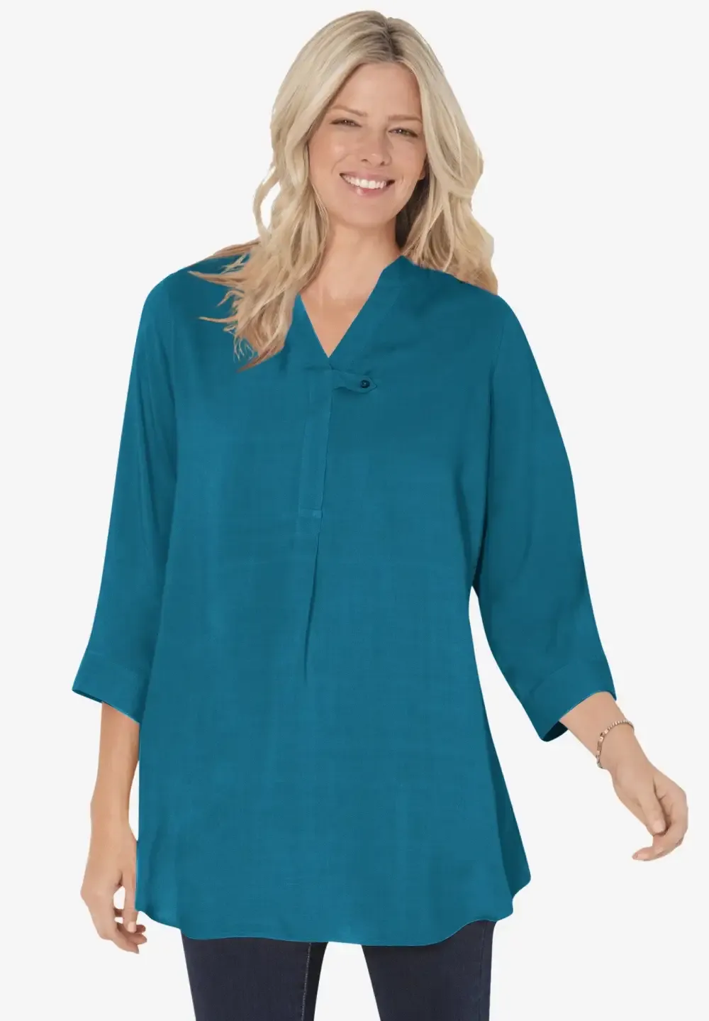 Rayon 7-Day Three-Quarter Sleeve Tab-Front Tunic