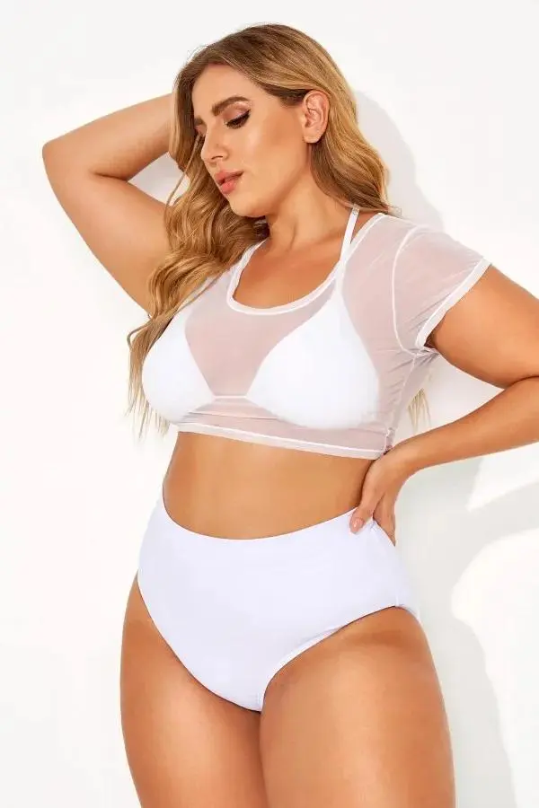White Self-tie Halter Straps Mesh Crop Bikini Top