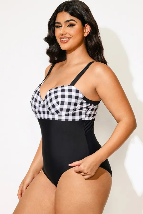 Lady Plaid Print Underwire One Piece Swimsuit