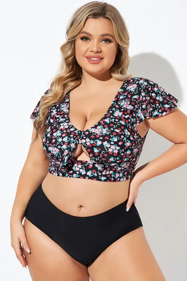 Classic Floral Print Knot Front Women Bikini Top