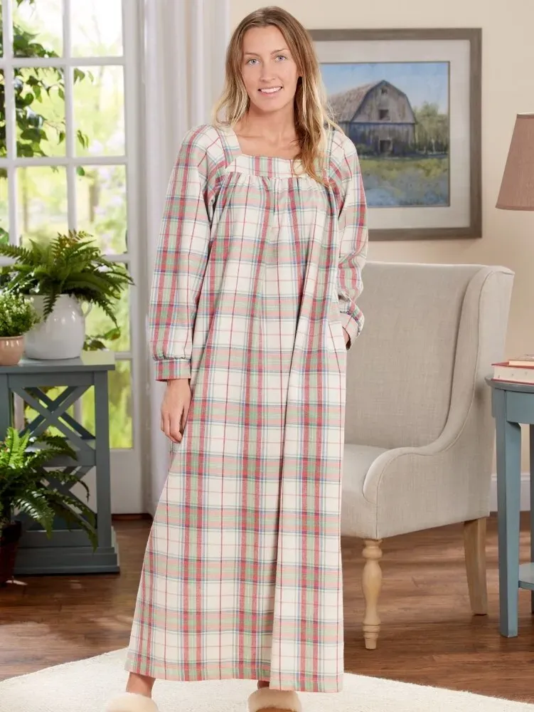 Portuguese Cotton Flannel Square-Neck Nightgown