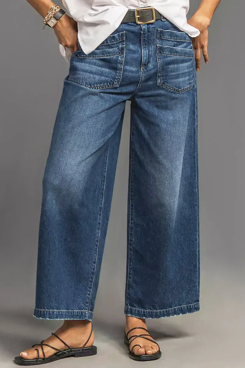 Wash Stitch Detail Raw Hem Wide Leg Mid Rise Jeans