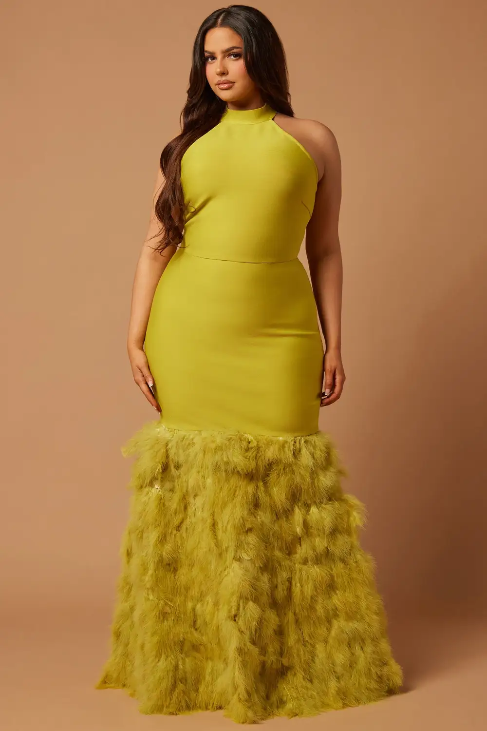 Bailey Feather Bandage Gown - Chartreuse