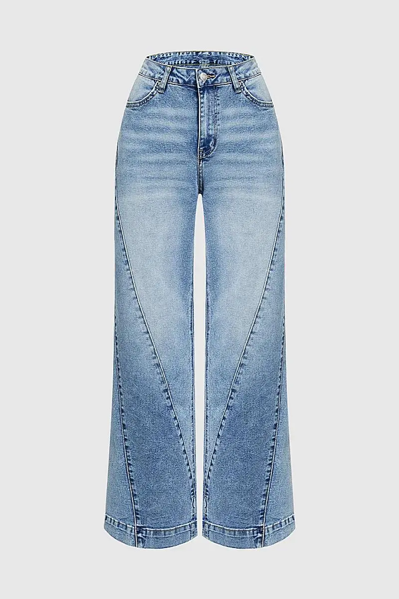 Wash Colorblock Seam Detail Mid Rise Wide Leg Jeans