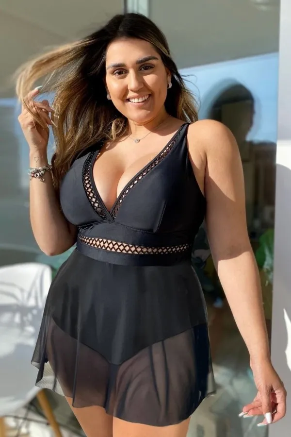 Plus Size Black Lattice Plunge Mesh Swimdress