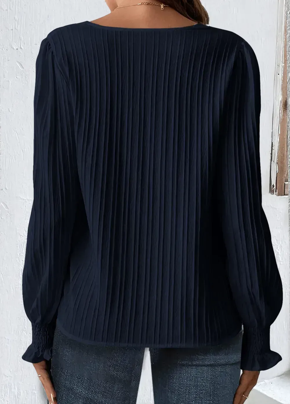 Navy Smocked Long Sleeve V Neck Blouse
