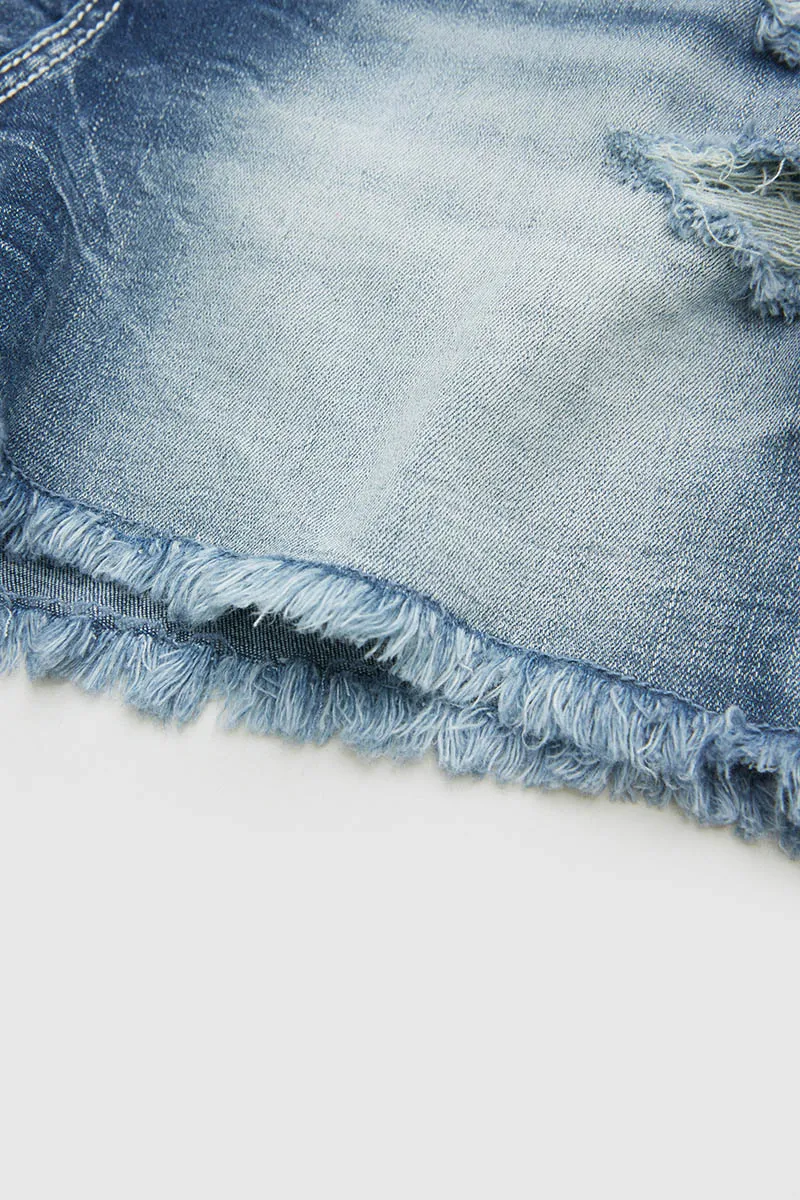 Wash Ripped Raw Hem Mid Waist Denim Shorts