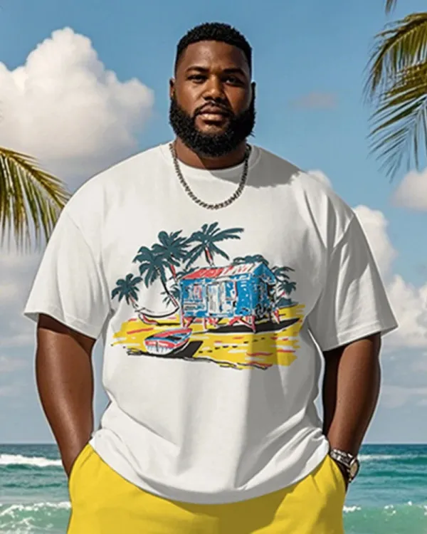 Big & Tall Men's Coconut Beach Graffiti Print Round Neck T-Shirt and Shorts Suit