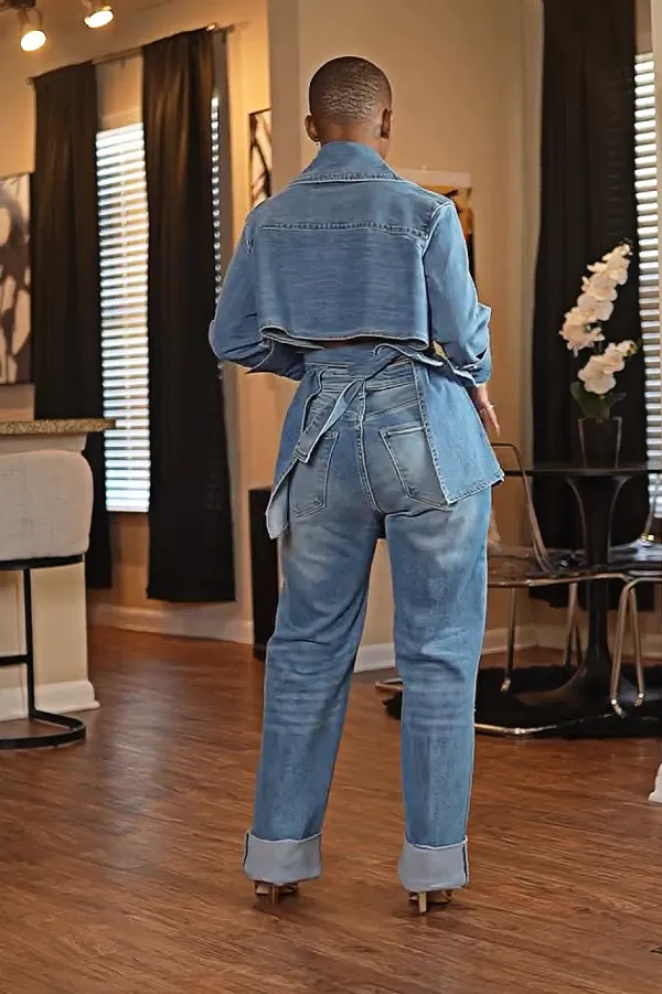 Women'S Fashion Denim Irregular Top And Pants Two-Piece Set