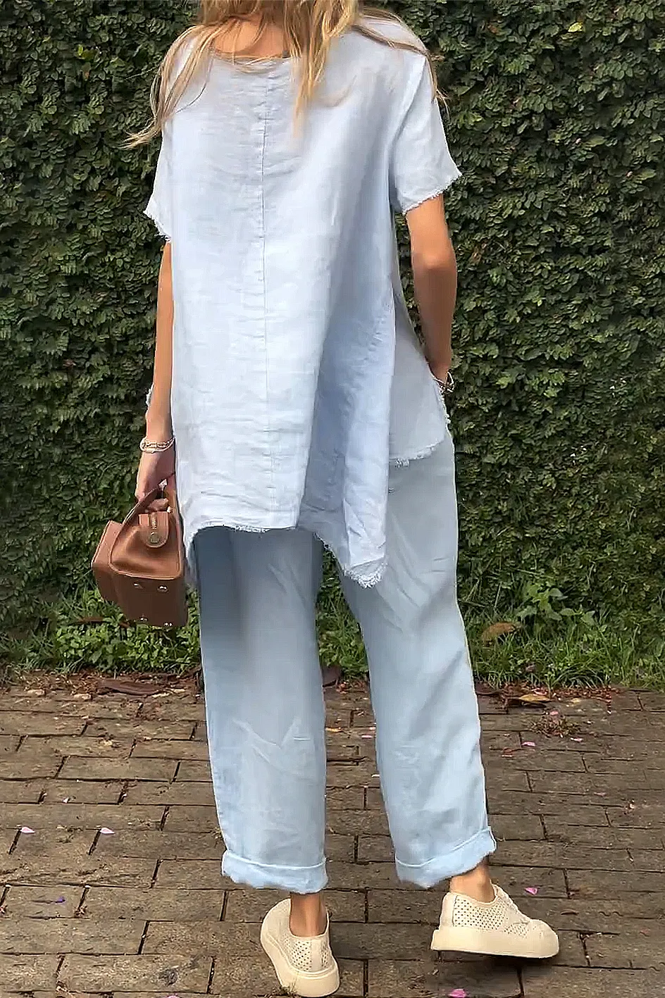 Women'S Solid Color Cotton And Linen Casual Top And Pants Two-Piece Set