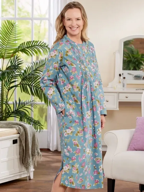 Ella Simone Pintuck Floral Long Cotton Nightgown