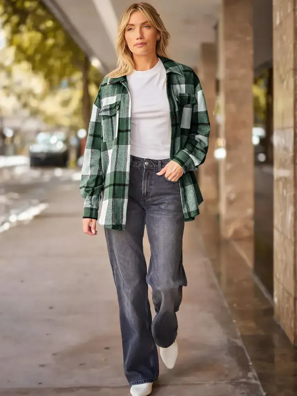Womens Casual Plaid Shacket Button Down Long Sleeve Shirt