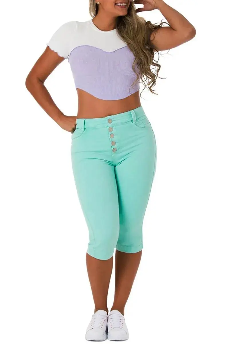 Solid Stretchy Button Fly High Waist Capri Jeans