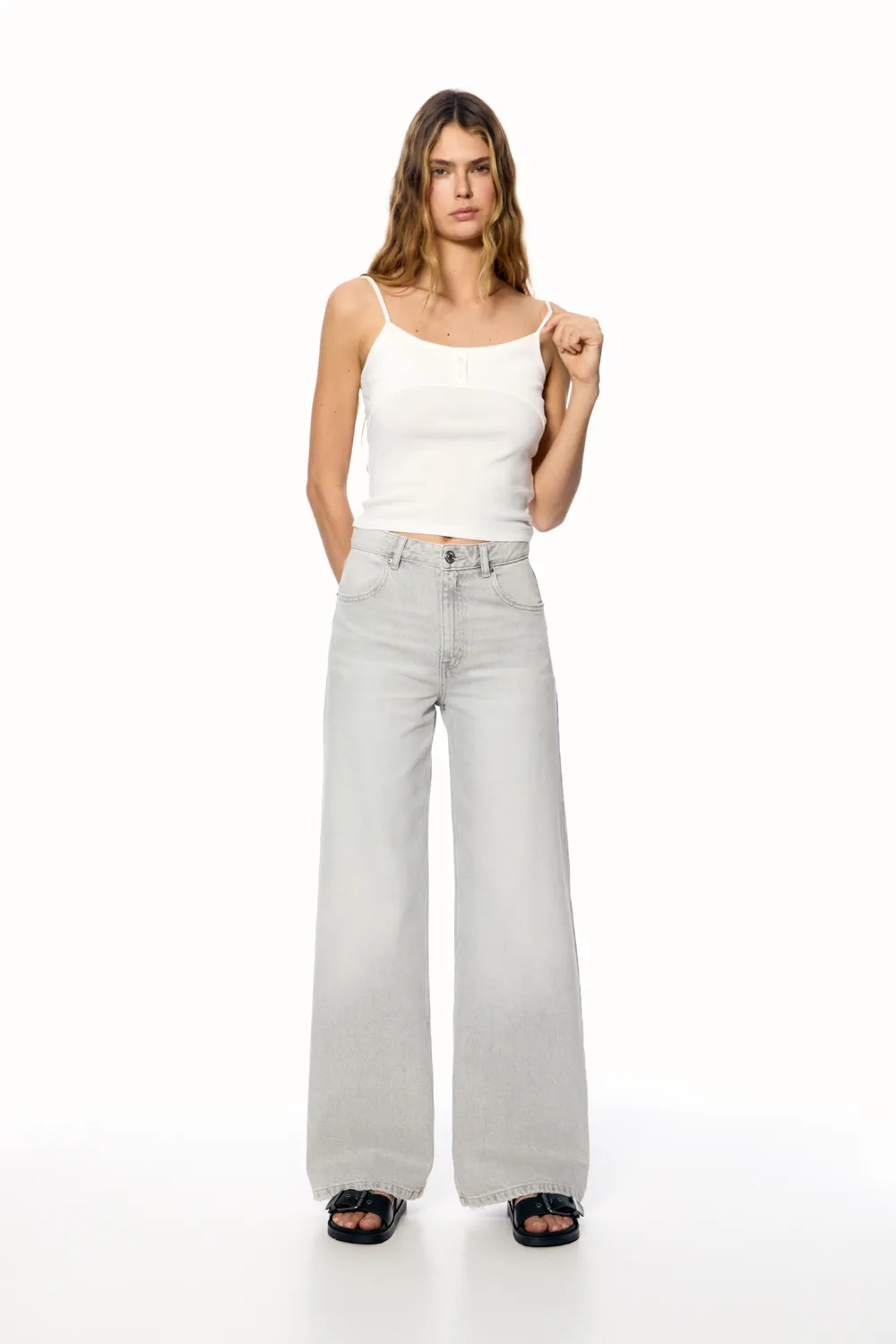 Jeans wide leg tiro alto