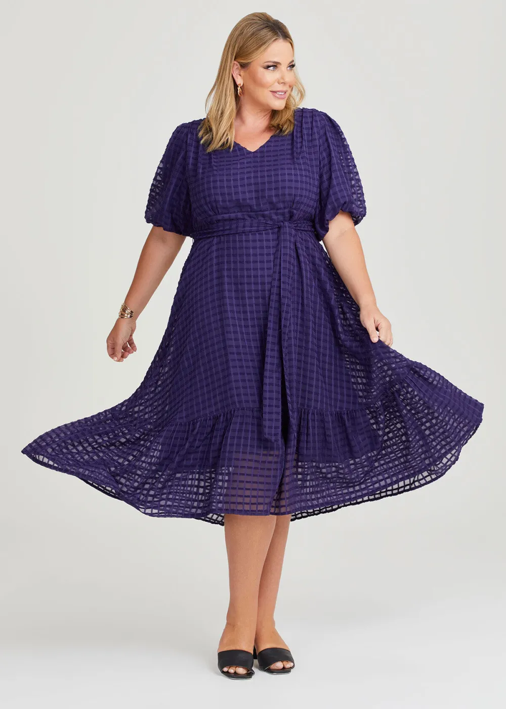 Windowpane Chiffon Midi Dress