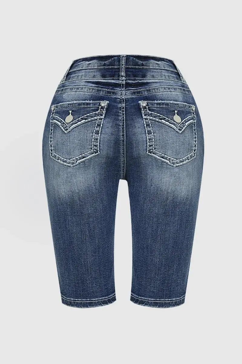 Ripped Roll Hem Double Button Mid Waist Denim Bermuda Shorts