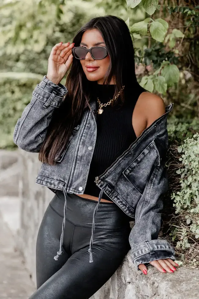 It's Your Choice Black Acid Washed Cropped Denim Jacket