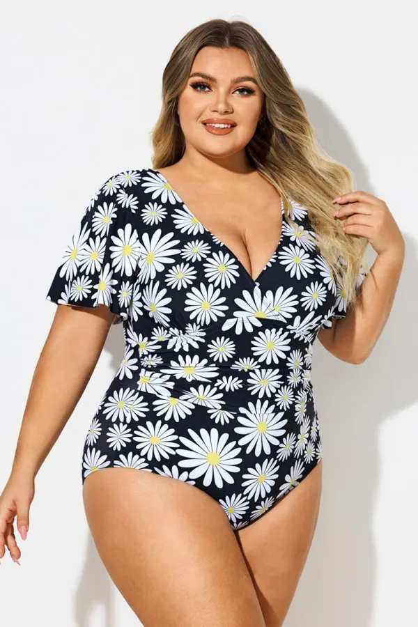 Daisy Print V-Neck Ruffle Sleeves One Piece Swimsuit