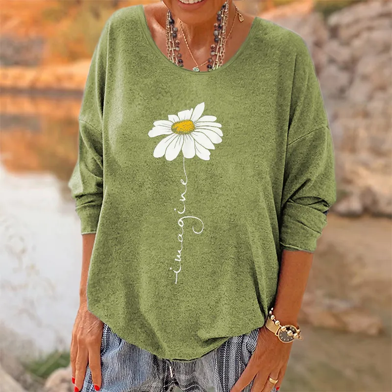Oversized Imagine Little Daisy Printed Hippie Long Sleeves T-shirt