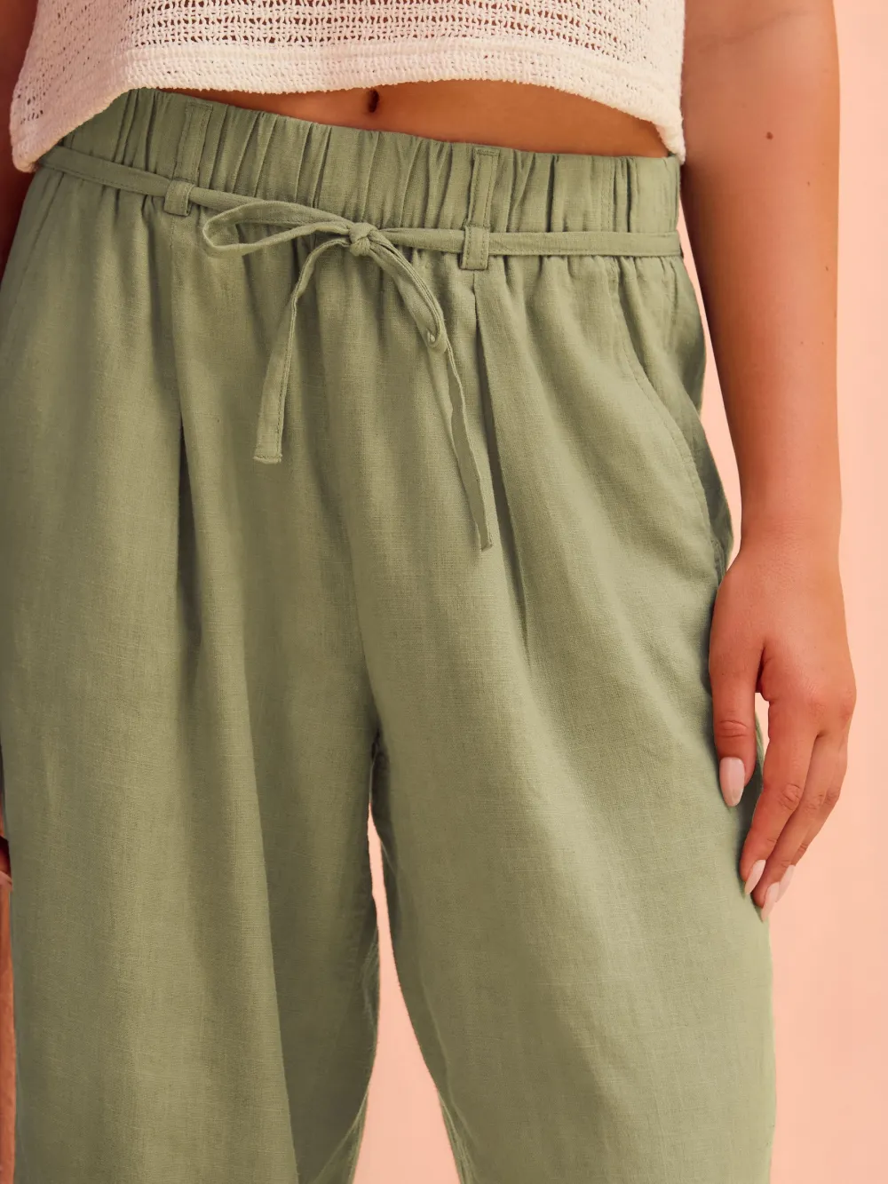 Tie Waist Belt Bucket Leg Linen Blend Pants