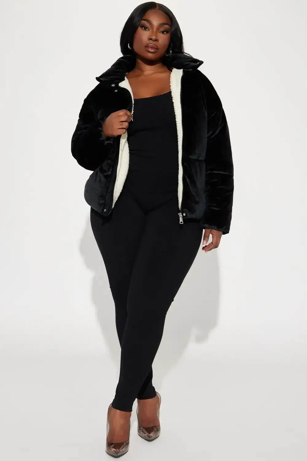 Cici Velvet Puffer Jacket - Black