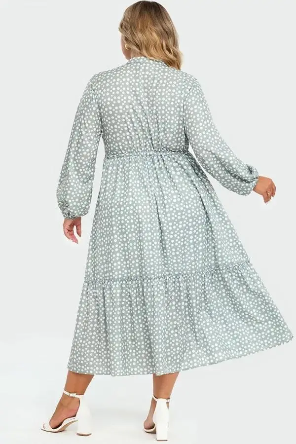 Dot Print Button Tie Waist Ruffled Hem Dress
