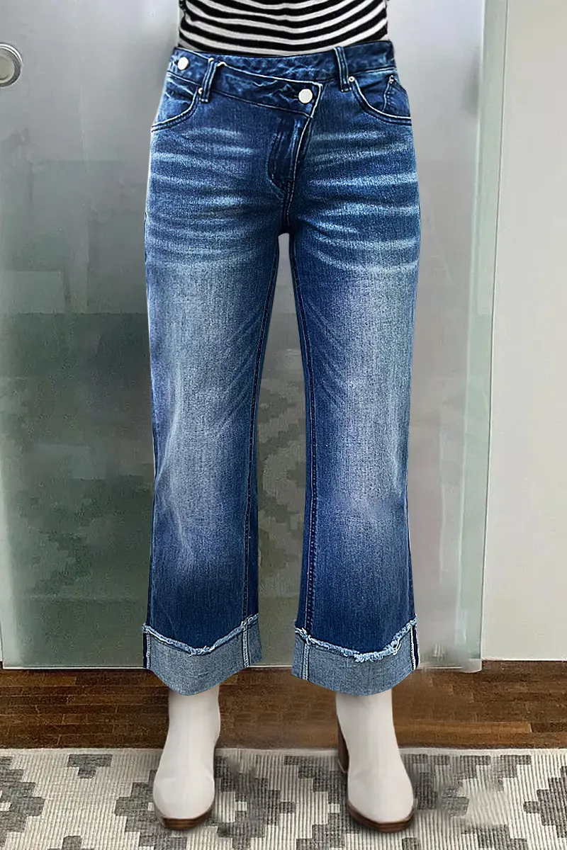 Wash Raw Roll Hem Wrap Mid Waist Straight Leg Jeans