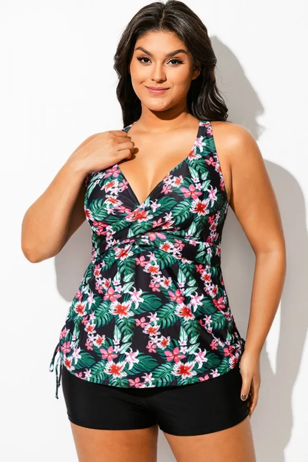 Floral Print Drawstring Side Adjustable Strap Tankini Top