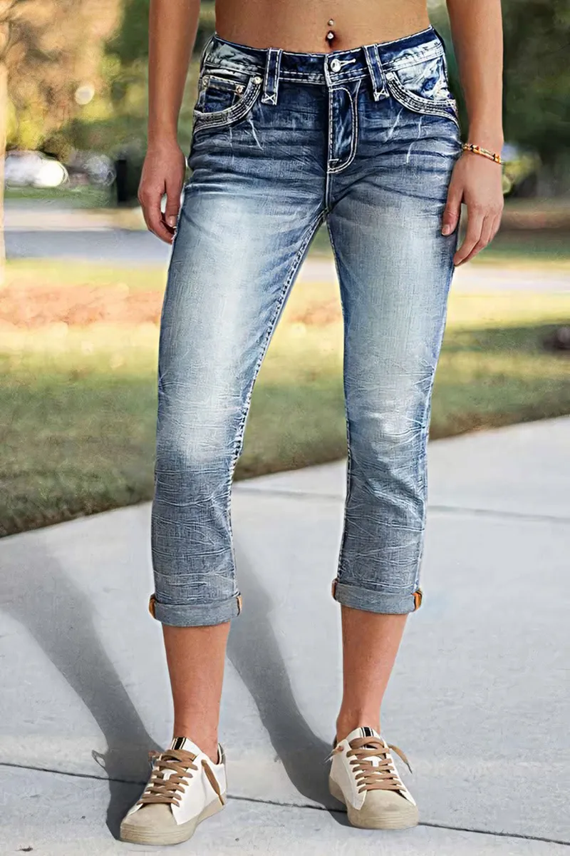 Roll Hem Wash High Stretch Mid Rise Capri Jeans