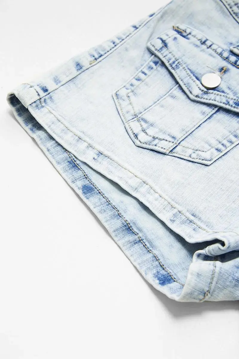 Wash Flap Pocket Front Low Waist Denim Shorts