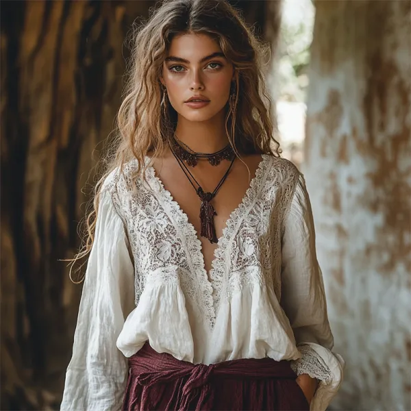 Vintage Boho Hollow Floral Lace Patchwork Flowy Linen Tunic