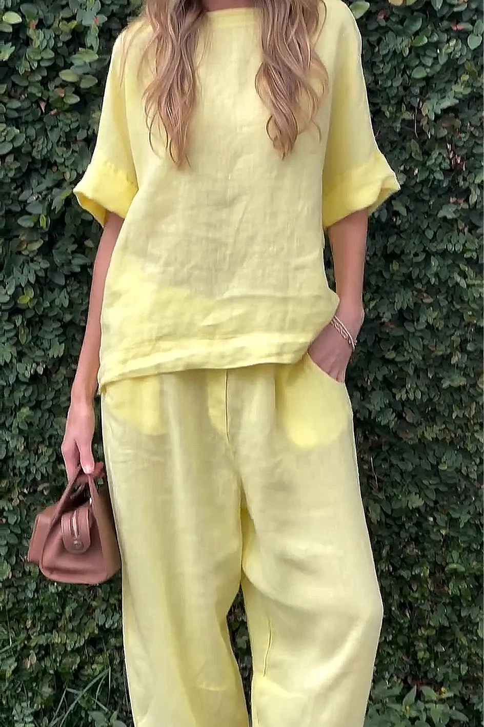 Women'S Solid Color Cotton And Linen Casual Top And Pants Two-Piece Set