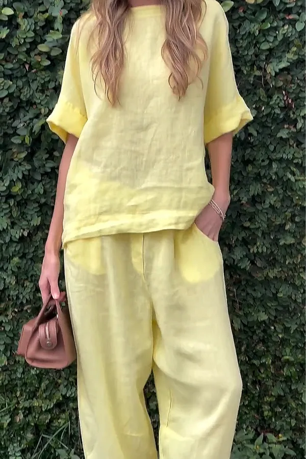 Women'S Solid Color Cotton And Linen Casual Top And Pants Two-Piece Set