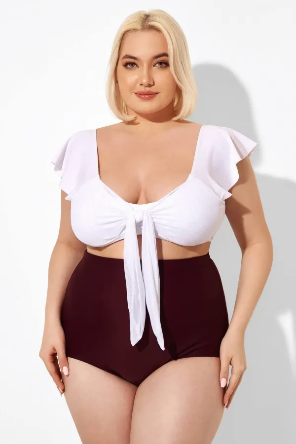 White Cap Sleeve Tie-front Bikini Top