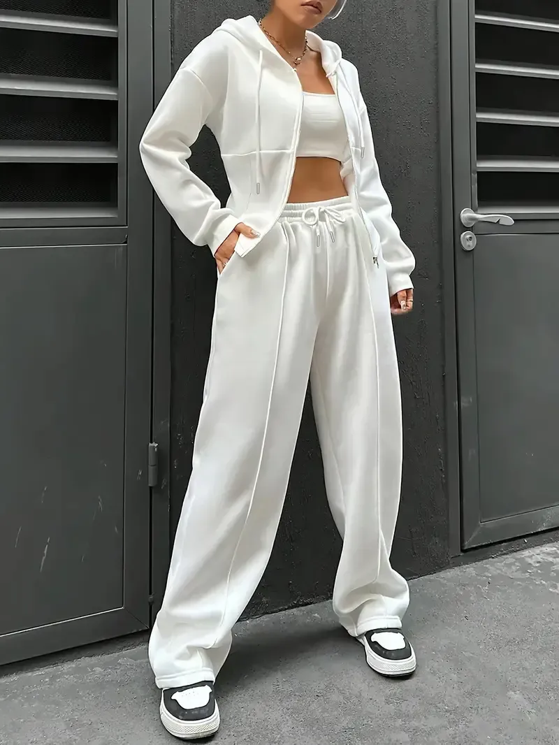 [All Seasons Polyester Hooded Tracksuit] Women'S Elegant Solid Color Polyester Hooded Tracksuit Set with Drawstring and Zipper Details – Knit Fabric Pantsuit for All Seasons