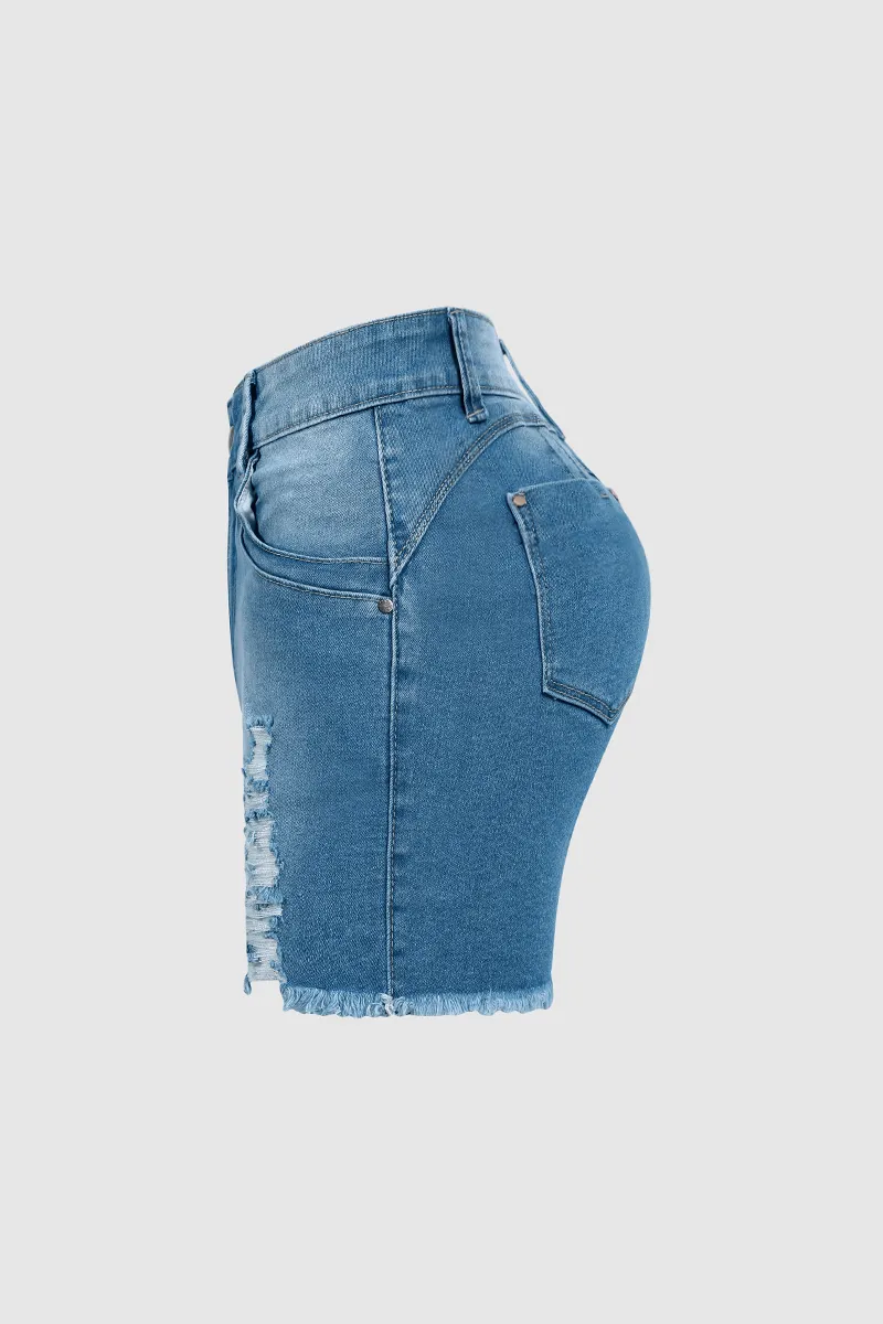 Wash Ripped Raw Hem High Waist Denim Shorts