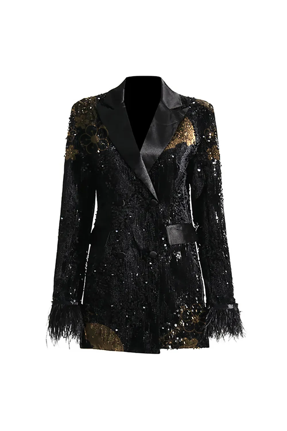 Silky Satin Lapel Feather Trim Long Sleeve Cinch Waist Sequin Party Blazer